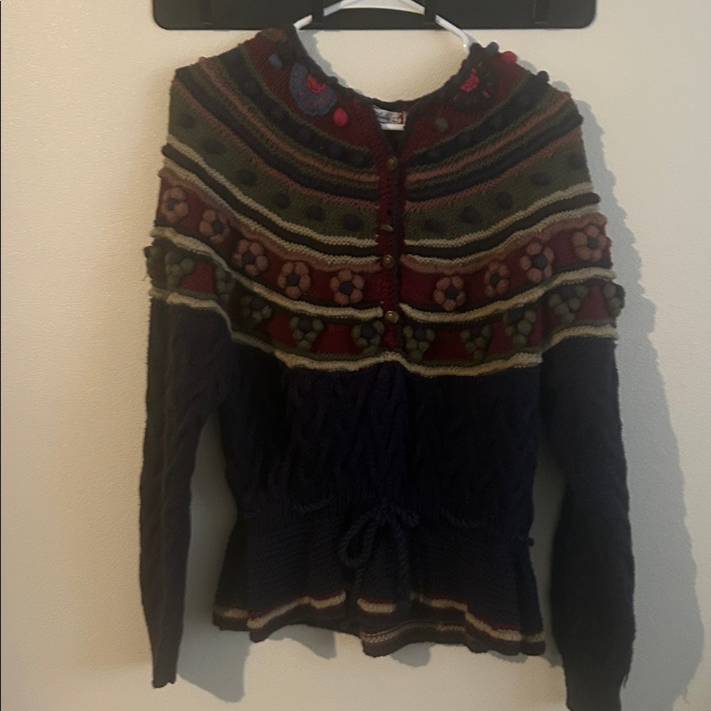 Robin Singler Navy/Multi Color Hand Knit Cotton Intricate Embroidered Sweater.S